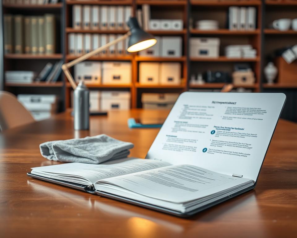 A well-organized workspace featuring a close-up view of a beautifully maintained notebook and essential maintenance items. In the foreground, a sleek, modern notebook lies open, revealing its pristine pages and organized notes. Next to it, a cloth and a can of compressed air are neatly arranged, indicating they are for cleaning purposes. The middle layer showcases a polished wooden desk with a stylish lamp casting soft, warm light, illuminating the scene. In the background, a bookshelf filled with technology manuals and storage boxes adds depth, creating a cozy office atmosphere. The mood is calm and professional, inspiring productivity and care in notebook maintenance. Use a shallow depth of field to emphasize the notebook, while softly blurring the background elements.