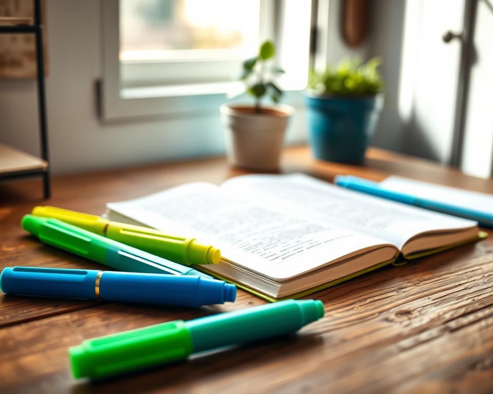Eco-friendly highlighters arranged aesthetically on a rustic wooden desk. In the foreground, vibrant, biodegradable highlighters in shades of green, blue, and yellow are depicted, showcasing their smooth and sleek designs. The middle features an open notepad with neat handwritten notes, illuminated softly by natural light coming through a nearby window. In the background, a small potted plant adds a touch of nature, reinforcing the eco-friendly theme. The scene should feel warm and inviting, with a calm atmosphere that emphasizes sustainability and creativity. Use a shallow depth of field to keep the focus on the highlighters while gently blurring the background elements, evoking a sense of organization and tranquility. Eco-friendly highlighters arranged aesthetically on a rustic wooden desk. In the foreground, vibrant, biodegradable highlighters in shades of green, blue, and yellow are depicted, showcasing their smooth and sleek designs. The middle features an open notepad with neat handwritten notes, illuminated softly by natural light coming through a nearby window. In the background, a small potted plant adds a touch of nature, reinforcing the eco-friendly theme. The scene should feel warm and inviting, with a calm atmosphere that emphasizes sustainability and creativity. Use a shallow depth of field to keep the focus on the highlighters while gently blurring the background elements, evoking a sense of organization and tranquility.