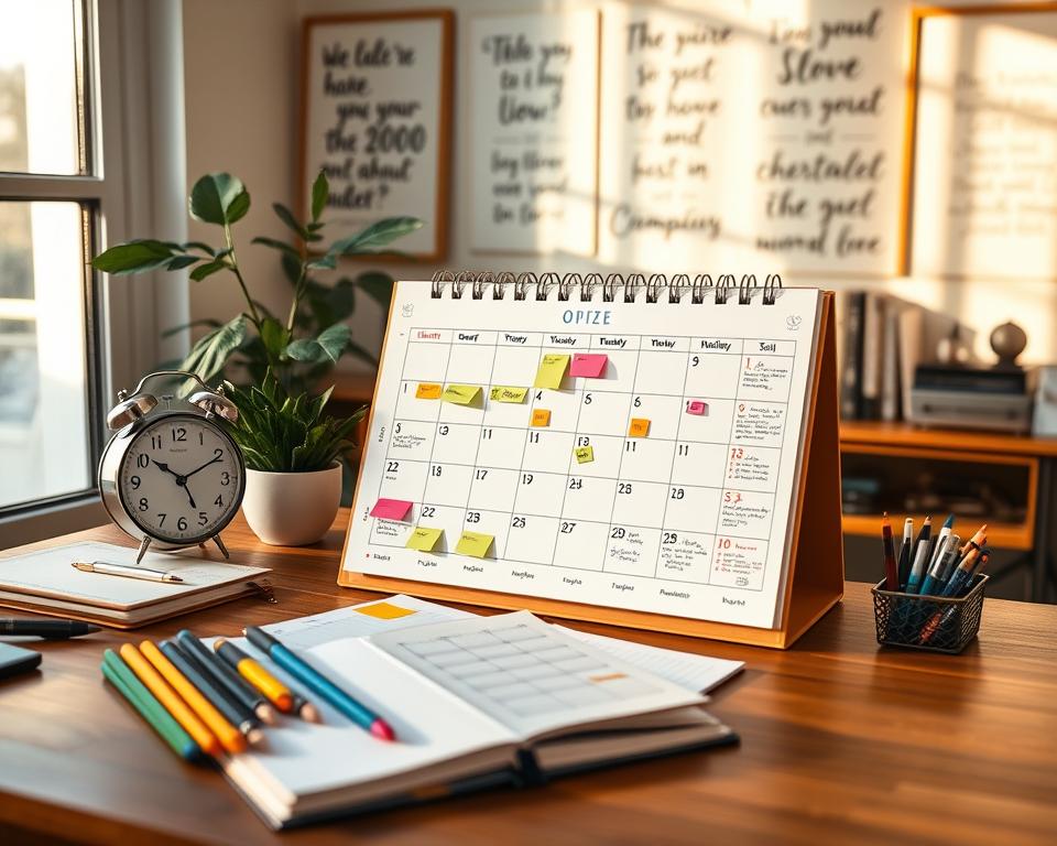 A beautifully arranged analog calendar system in a cozy home office setting, featuring a wooden desk with an elegant, classic paper calendar adorned with hand-drawn illustrations and color-coded sticky notes. In the foreground, a set of colorful pens and a neatly organized planner lie open, suggesting an active planning session. The middle layer showcases natural elements like a potted plant and a vintage clock, contributing to a warm atmosphere. In the background, soft sunlight filters through a window, casting gentle shadows and highlighting a wall adorned with inspiring quotes on organization. The image is captured with a shallow depth of field at a warm, inviting angle, enveloping the entire scene in an atmosphere of productivity and creativity.