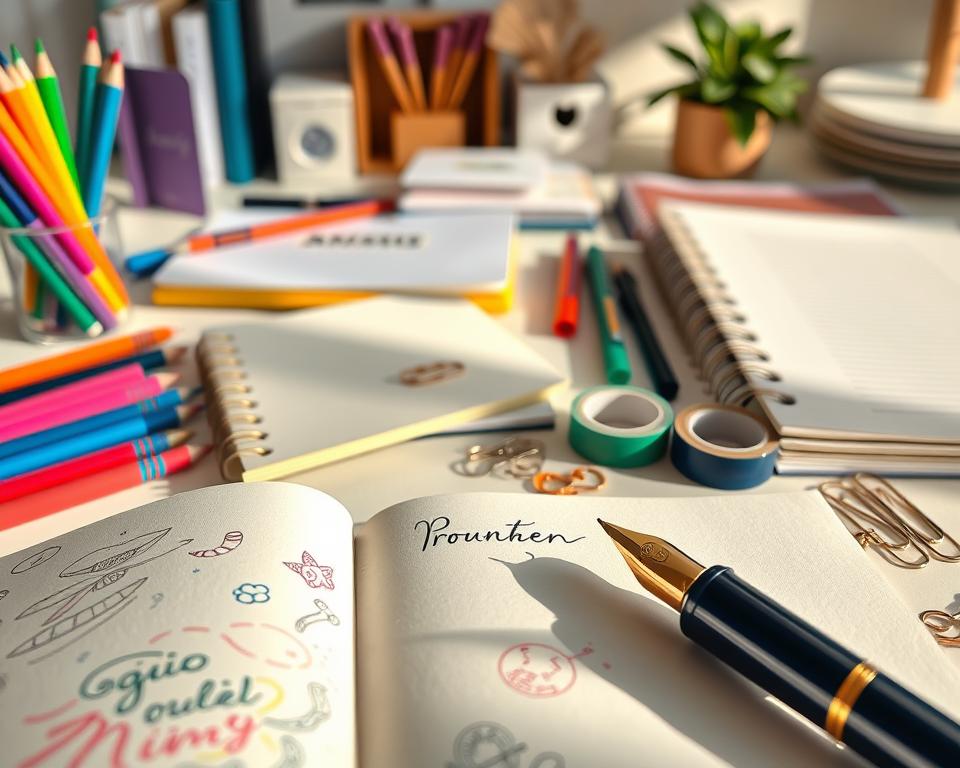 A beautifully arranged array of various stationery types, including vibrant colored pens, elegant notebooks, vintage letterpress stationery, washi tape, and intricate paper clips. In the foreground, a close-up of an open notebook reveals colorful doodles and handwritten notes, alongside a fountain pen glistening under soft, natural light. In the middle, an artistically organized workspace showcases different stationery items in an appealing layout, with a palette of pastel colors and textures. The background features a softly blurred home office setting, filled with minimalistic decor and warm lighting, creating a cozy and inviting atmosphere. The overall mood should evoke creativity and inspiration, perfect for stationery enthusiasts.