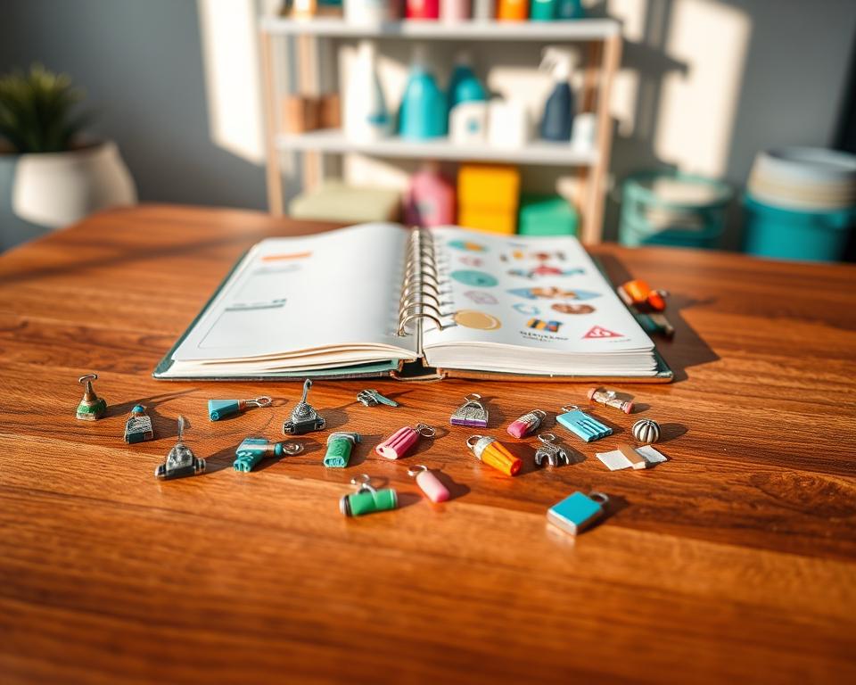 A beautifully arranged collection of planner charms designed for cleaning, showcasing various intricate shapes and vibrant colors, such as a tiny vacuum, duster, and mop charm. In the foreground, a polished wooden table provides a warm contrast, reflecting soft natural light. In the middle, the charms are artistically scattered alongside a cozy planner opened to a clean page adorned with subtle stickers. The background features a blurred shelf of neatly organized cleaning supplies, enhancing a sense of order and productivity. The scene evokes a serene and motivating atmosphere, emphasizing the theme of organization and care. Soft shadows fall gently across the table, capturing the essence of a dedicated workspace.