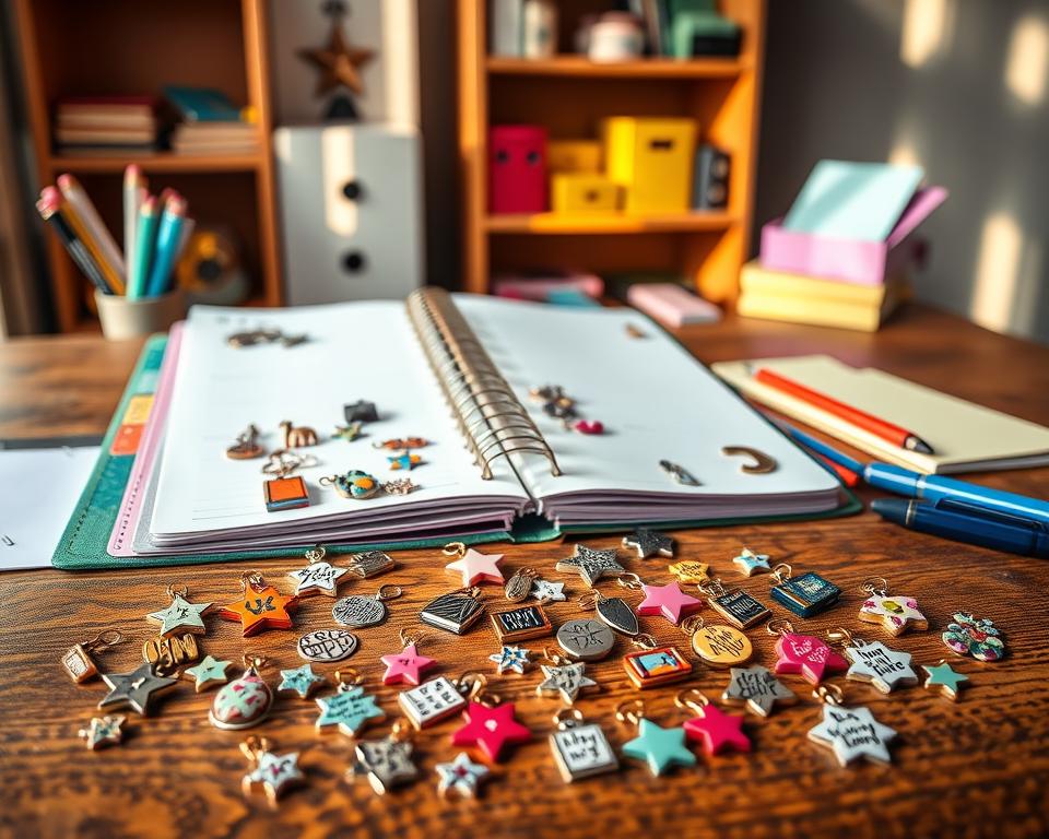 A beautifully arranged collection of planner charms on a wooden desk. In the foreground, showcase a variety of colorful charms, including delicate stars, tiny books, and motivational quotes, each intricately designed. The middle ground features a stylish planner open, highlighting the charms attached to its rings, with an organized workspace including pens, sticky notes, and a soft pastel notepad nearby. In the background, softly blurred shelves display additional crafting supplies, evoking a cozy creative environment. Warm, natural light filters through a nearby window, casting gentle shadows and enhancing the charm's vibrant colors. The mood is inspiring and productive, inviting viewers to explore their creativity and organization with these delightful accessories.