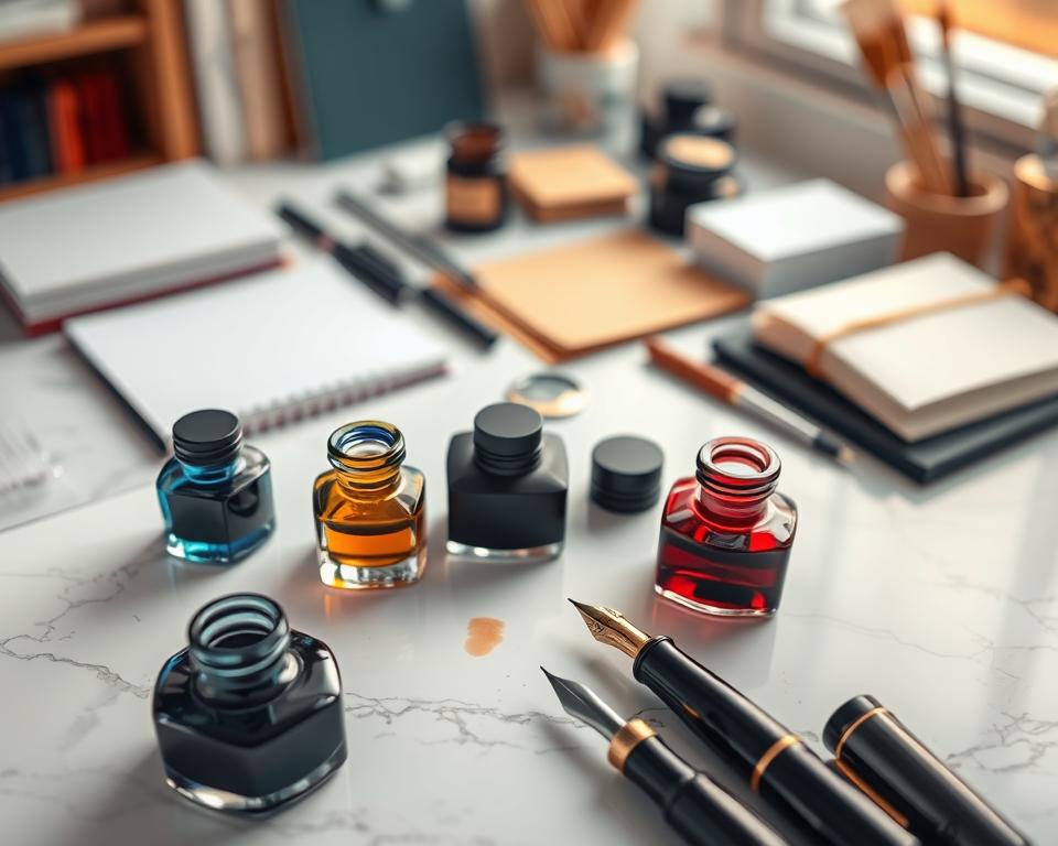 A beautifully arranged display of various ink samples on a crisp, white marble desk. In the foreground, an array of elegant glass ink bottles in rich colors such as deep blue, vibrant red, and lush green, each showcasing their unique textures and hues. Nearby, a selection of fountain pens with polished nibs, poised as if ready to write. In the middle ground, a soft-focus backdrop of blurred stationery items, including high-quality paper, notebooks, and a few brushes, subtly illuminated by warm, natural light streaming in from a nearby window. The scene conveys an atmosphere of creativity and inspiration, inviting viewers to explore the world of ink. Captured with a shallow depth of field, emphasizing the ink samples while creating a dreamy bokeh effect, enhancing the overall aesthetic without distractions.