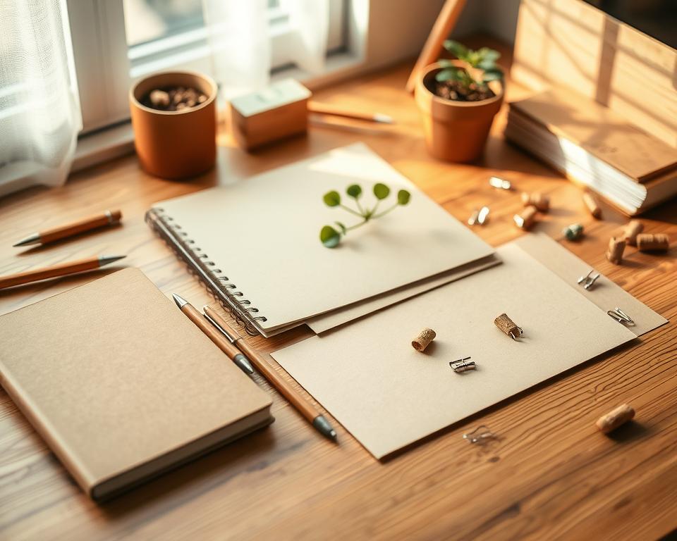 A beautifully arranged flat lay of eco-friendly stationery products. In the foreground, feature a set of biodegradable notebooks in earthy tones, made from recycled paper, alongside bamboo pens with sleek designs. The middle layer includes vibrant plantable seed paper, with natural fibers visibly embedded. Scattered around are stylish cork board clips and a small plant in a biodegradable pot, symbolizing sustainability. The background is softly blurred, showcasing a wooden desk surface with natural light pouring in from a nearby window, enhancing the warm and inviting atmosphere. The mood is peaceful and inspiring, perfect for promoting a mindful approach to stationery and organization.
