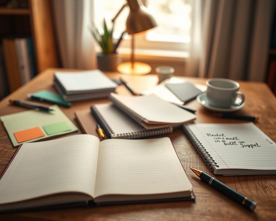 A beautifully arranged flat lay of various notebook styles on a wooden desk. In the foreground, showcase an open leather-bound notebook with blank pages and a fountain pen resting beside it. In the middle ground, display a classic spiral notebook with colorful sticky notes, a bullet journal filled with hand-drawn doodles, and a simple lined notebook with a motivational quote visible on the edge. In the background, slightly blurred, include a soft-focus view of a cozy workspace with a warm lamp casting a gentle glow, adding an inviting atmosphere. Natural light filters in from a nearby window, creating a calm mood, while a few scattered pens and a coffee cup complement the scene, emphasizing a productive and creative environment.
