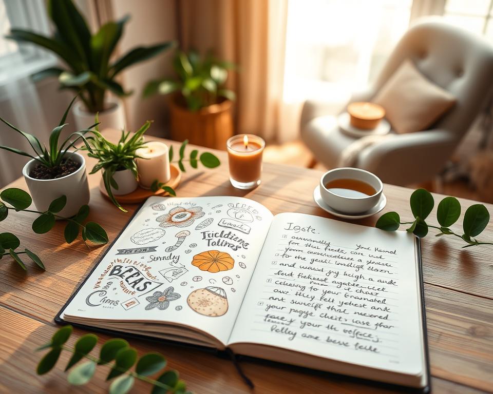 A beautifully arranged mindfulness journal lies open on a wooden table, surrounded by vibrant green plants and calming candles. The left page features intricate doodles and colorful sketches illustrating techniques for self-care, while the right page shows handwritten reflections in a flowing script. A warm, soft light filters through a nearby window, casting gentle shadows that enhance the peaceful atmosphere. In the background, a cozy corner of a serene room is visible, with a comfortable chair and a steaming cup of herbal tea resting on a small side table. The composition should evoke a sense of tranquility and creativity, inviting viewers to engage in their own mindful journaling practice. The angle is slightly overhead, creating an intimate and inviting perspective.