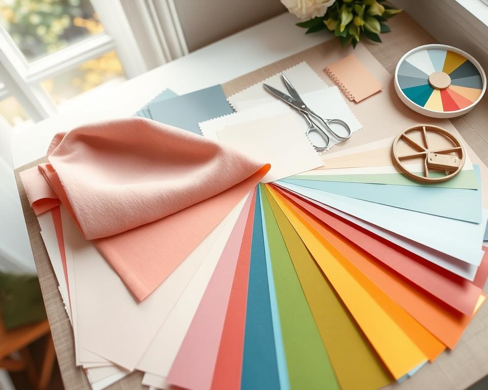 A beautifully arranged mood board showcasing an array of color palettes. In the foreground, vibrant swatches of pastel pinks, soft blues, earthy greens, and sunny yellows are meticulously laid out, overlapping slightly to create a dynamic visual flow. The middle section features textured fabric samples and paper cut-outs, enhancing the tactile experience, while a delicate pair of scissors and color wheel hint at the creative process. In the background, a soft-focus workspace with natural light filtering through a window adds warmth and inspiration to the scene. The overall atmosphere is calm and inviting, with a slight afternoon glow, evoking a sense of creativity and motivation. The composition is shot from a top-down angle to capture the intricate details and harmonious arrangement of colors. A beautifully arranged mood board showcasing an array of color palettes. In the foreground, vibrant swatches of pastel pinks, soft blues, earthy greens, and sunny yellows are meticulously laid out, overlapping slightly to create a dynamic visual flow. The middle section features textured fabric samples and paper cut-outs, enhancing the tactile experience, while a delicate pair of scissors and color wheel hint at the creative process. In the background, a soft-focus workspace with natural light filtering through a window adds warmth and inspiration to the scene. The overall atmosphere is calm and inviting, with a slight afternoon glow, evoking a sense of creativity and motivation. The composition is shot from a top-down angle to capture the intricate details and harmonious arrangement of colors.