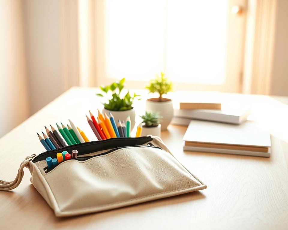 A beautifully designed eco-friendly pencil case made from sustainable materials like organic cotton and recycled plastic, placed on a light wooden desk. In the foreground, the pencil case is open, revealing an array of colorful biodegradable pens, pencils, and highlighters, all neatly organized. In the middle ground, a few green plants in stylish pots add a natural touch, alongside a small stack of recycled paper notebooks. The background features a bright, sunny window, letting in soft natural light that illuminates the scene, creating a fresh and inviting atmosphere. The composition captures the essence of sustainability and organization, showcasing a modern and eco-conscious lifestyle.