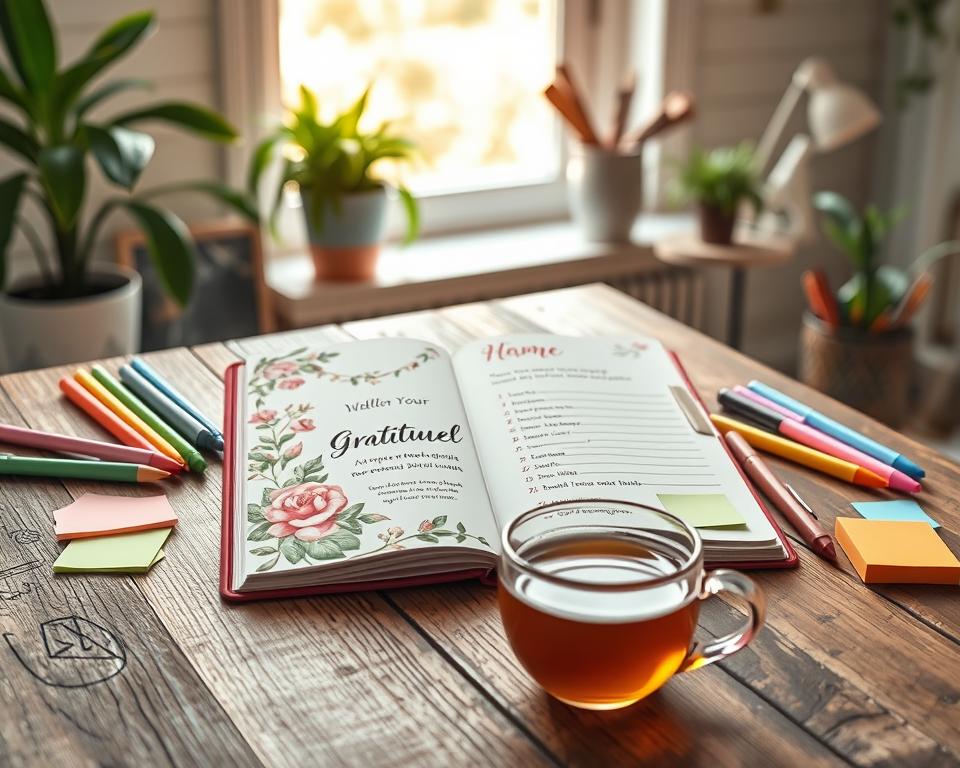 A beautifully designed gratitude journal printable lies open on a rustic wooden table, surrounded by an array of colorful pens and sticky notes. The journal features elegant floral patterns, soft pastel colors, and inspirational prompts inviting reflection. In the foreground, a steaming cup of herbal tea adds a cozy touch. The scene is illuminated by soft, natural light filtering through a nearby window, creating a warm and inviting atmosphere. The background hints at a serene home office with potted plants and calming decor, suggesting a tranquil space for mindfulness practices. The overall mood is uplifting and peaceful, inspiring creativity and gratitude.