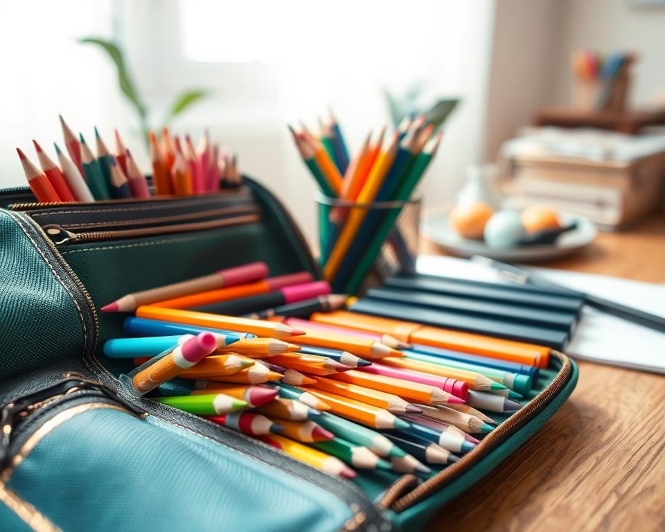 A beautifully organized pencil case overflowing with vibrant art supplies, including colored pencils, markers, paint tubes, and a sketchbook. The foreground features a close-up view of the pencil case, showcasing its intricate design with compartments and textured fabrics in shades of teal and gold. In the middle ground, art supplies are thoughtfully arranged, highlighting their variety and colorfulness, sparking creativity. The background reveals a soft, cozy workspace with a wooden desk, gentle natural light filtering in through a window, creating a warm and inviting atmosphere. A subtle bokeh effect adds depth, keeping the focus on the pencil case and supplies, embodying the theme of organization and creative utilization beyond school.