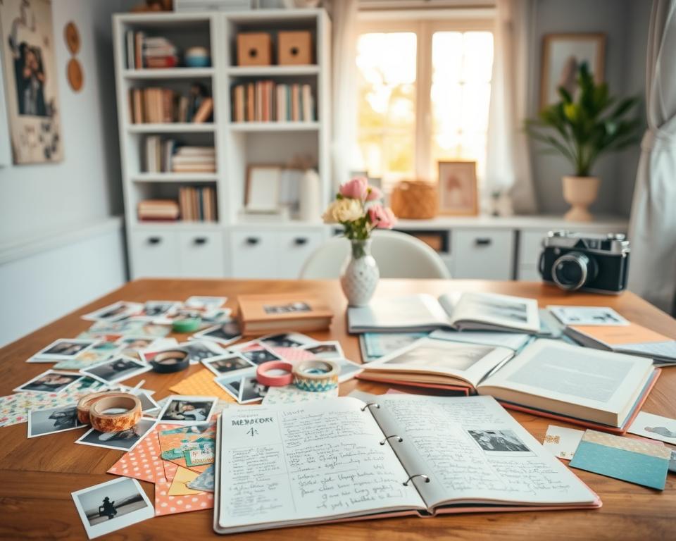 A beautifully organized workspace showcasing memory keeping projects. In the foreground, a wooden table displays various colorful scrapbook materials: patterned papers, washi tapes, and stickers. Scattered across are photographs capturing precious moments, alongside a neatly opened journal filled with handwritten notes, sketches, and doodles. In the middle ground, a soft-focus bookshelf lines the wall, filled with completed memory albums and decorative boxes. The background features a window with soft, natural light streaming in, illuminating the scene with a warm glow, creating a cozy atmosphere. The desk is styled with fresh flowers in a small vase and a vintage camera, enhancing the creative ambiance. The mood is inviting and inspiring, perfect for planning memory-keeping projects. A beautifully organized workspace showcasing memory keeping projects. In the foreground, a wooden table displays various colorful scrapbook materials: patterned papers, washi tapes, and stickers. Scattered across are photographs capturing precious moments, alongside a neatly opened journal filled with handwritten notes, sketches, and doodles. In the middle ground, a soft-focus bookshelf lines the wall, filled with completed memory albums and decorative boxes. The background features a window with soft, natural light streaming in, illuminating the scene with a warm glow, creating a cozy atmosphere. The desk is styled with fresh flowers in a small vase and a vintage camera, enhancing the creative ambiance. The mood is inviting and inspiring, perfect for planning memory-keeping projects.