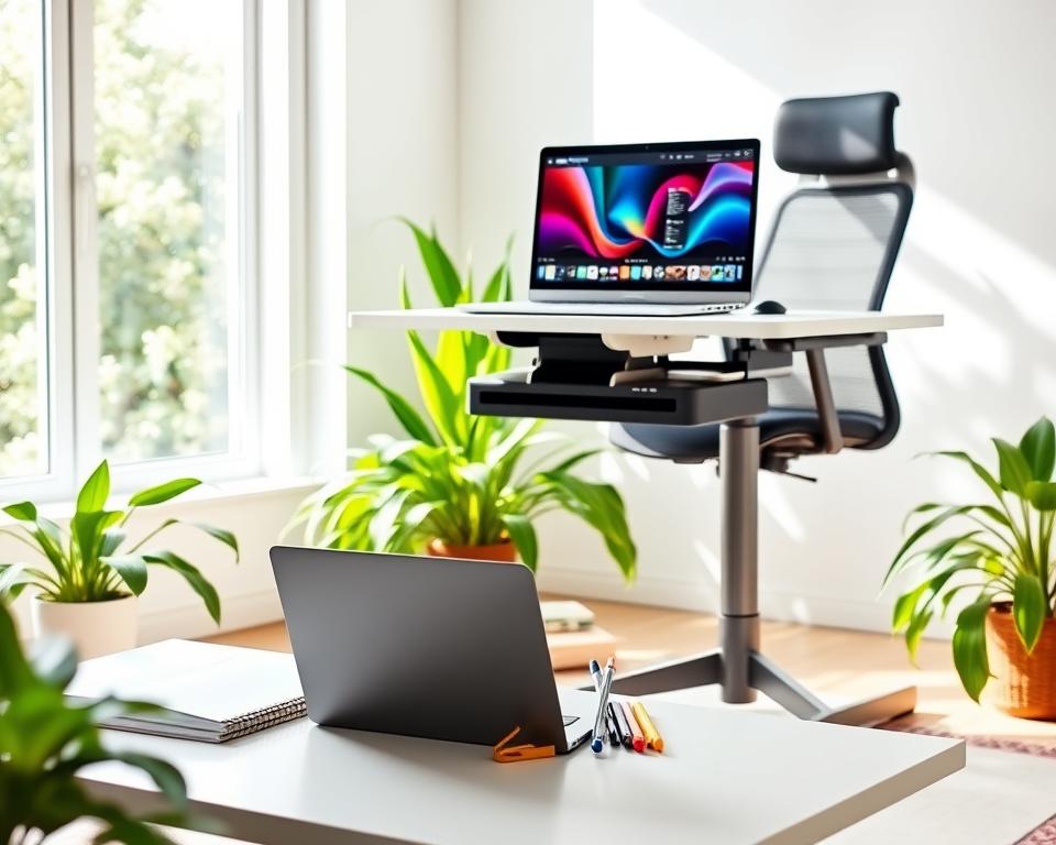 A bright and inviting ergonomic workspace, featuring a modern standing desk with an adjustable height, surrounded by a comfortable, ergonomically designed chair. In the foreground, a sleek laptop sits open, displaying vibrant creative software, while a stylish notepad and colorful pens are neatly arranged beside it. The middle ground includes lush green plants, adding a touch of nature, and a cozy rug underfoot providing warmth. The background shows a large window with natural light streaming in, casting soft shadows. The scene is filled with a calm, productive atmosphere, ideal for creativity. The lighting is soft and even, creating an inviting mood, while subtle organization emphasizes clarity and focus.