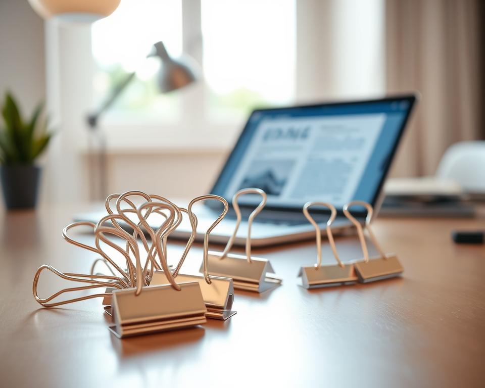 A close-up composition of shiny metal binder clips arranged creatively on a sleek, modern desk. In the foreground, several clips are fanned out in varying sizes, reflecting ambient light with a polished finish. The middle ground features an open laptop with a digital document partially visible, suggesting an office setting blended with technology. The background is softly blurred, showcasing a stylish, minimalist workspace with a hint of greenery from a potted plant. The lighting is bright and inviting, creating a professional, yet warm atmosphere. Aim for a sharp focus on the clips, with a slightly elevated angle to add depth, emphasizing their functionality in a contemporary digital environment.