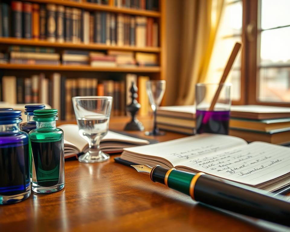A close-up scene depicting an elegant desk setup for ink sample collection. In the foreground, a variety of glass ink vials are arranged neatly, showcasing vibrant hues of blue, green, and violet, with reflective surfaces catching soft light. A high-quality fountain pen is poised beside a pristine, open notebook, pages filled with written samples. The middle ground features an antique ink stand and a water glass with a fresh brush, hinting at the exploration of different ink properties. In the background, a softly blurred bookshelf filled with classic writing reference books adds depth to the scholarly atmosphere. Warm, natural light streams in from a nearby window, creating a calm and creative mood perfect for evaluating ink samples.