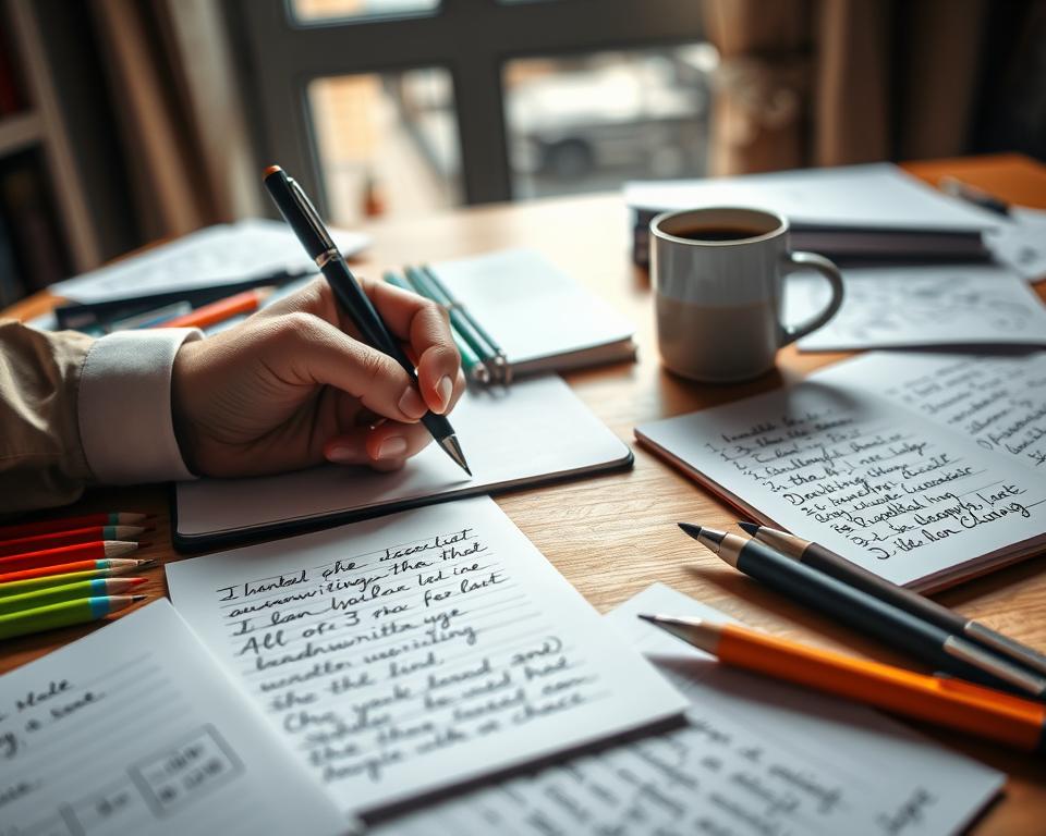 A close-up shot of a well-organized desk featuring a variety of handwritten notes and papers showcasing different styles of handwriting. In the foreground, a person’s hands, dressed in smart casual attire, hold a pen over a notebook with lined pages, engaged in thoughtful analysis. The middle ground displays a variety of colored pens, an open notebook filled with handwriting exercises, and a cup of steaming coffee. In the background, a softly blurred window allowing natural light to flow in creates a warm, inviting atmosphere. Gentle shadows highlight the textures of the paper and wooden desk surface, emphasizing focus and creativity. The overall mood conveys diligence and introspection, perfect for exploring the concept of seeking feedback and making adjustments in handwriting improvement. A close-up shot of a well-organized desk featuring a variety of handwritten notes and papers showcasing different styles of handwriting. In the foreground, a person’s hands, dressed in smart casual attire, hold a pen over a notebook with lined pages, engaged in thoughtful analysis. The middle ground displays a variety of colored pens, an open notebook filled with handwriting exercises, and a cup of steaming coffee. In the background, a softly blurred window allowing natural light to flow in creates a warm, inviting atmosphere. Gentle shadows highlight the textures of the paper and wooden desk surface, emphasizing focus and creativity. The overall mood conveys diligence and introspection, perfect for exploring the concept of seeking feedback and making adjustments in handwriting improvement.
