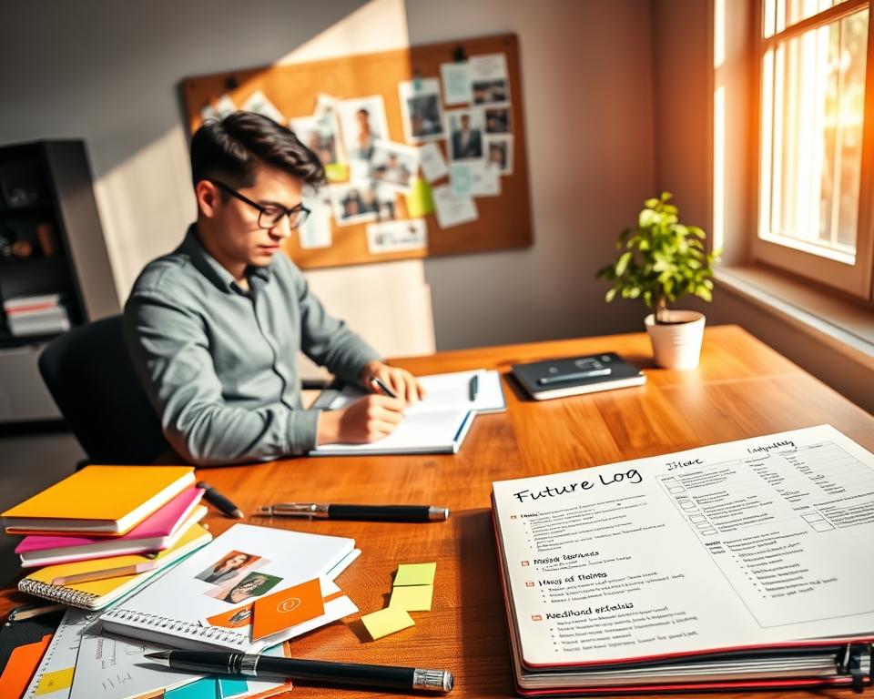 A cozy, modern workspace illuminated by warm, natural light pouring in through a large window. In the foreground, a stylish wooden desk is cluttered with colorful planners, sticky notes, and a neatly organized bullet journal opened to a 'Future Log' page filled with inspiring goals and upcoming events. A focused individual, dressed in smart casual attire, sits at the desk, writing thoughtfully with a fountain pen. The middle ground features a corkboard on the wall, pinned with vision boards, photographs, and motivational quotes. In the background, a small plant adds a touch of greenery, complementing the serene atmosphere. The overall mood is productive and reflective, capturing the essence of reviewing and updating a Future Log to enhance personal productivity. A cozy, modern workspace illuminated by warm, natural light pouring in through a large window. In the foreground, a stylish wooden desk is cluttered with colorful planners, sticky notes, and a neatly organized bullet journal opened to a 'Future Log' page filled with inspiring goals and upcoming events. A focused individual, dressed in smart casual attire, sits at the desk, writing thoughtfully with a fountain pen. The middle ground features a corkboard on the wall, pinned with vision boards, photographs, and motivational quotes. In the background, a small plant adds a touch of greenery, complementing the serene atmosphere. The overall mood is productive and reflective, capturing the essence of reviewing and updating a Future Log to enhance personal productivity.