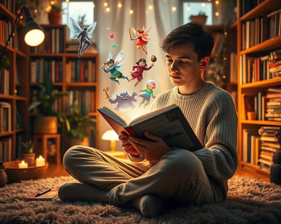 A cozy reading nook filled with warmth and imagination, featuring a young adult engaged in a captivating book, surrounded by whimsical representations of fictional characters emerging from the pages. In the foreground, the reader, dressed in a soft sweater and comfortable pants, sits cross-legged on a plush rug, their face illuminated by gentle, golden light from a nearby lamp. The middle area showcases vibrant, ethereal characters materializing, such as a heroic knight, a mystical fairy, and an adventurous pirate, each with distinct, colorful features. In the background, shelves overflowing with books create a warm atmosphere, adorned with plants and fairy lights. The overall mood is one of inspiration, creativity, and connection, inviting the viewer into a realm where stories come to life. The composition uses a slightly tilted angle to enhance a dreamlike perspective.
