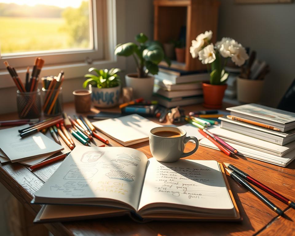 A cozy, sunlit workspace featuring a wooden desk cluttered with various art supplies like colored pens, brushes, and sketchbooks, symbolizing creativity. In the foreground, an open journal displays colorful doodles and handwritten notes, showcasing a personal touch. The middle layer reveals a steaming cup of coffee, casting soft light reflections on the desk, while a blooming potted plant adds a touch of freshness. In the background, a window lets in warm morning light, illuminating a peaceful outdoor scene with gentle greenery and a clear sky, enhancing the tranquil atmosphere. The overall mood is inspiring and uplifting, capturing a moment of introspection and artistic growth. Use soft, natural lighting to evoke a sense of calm and creativity.