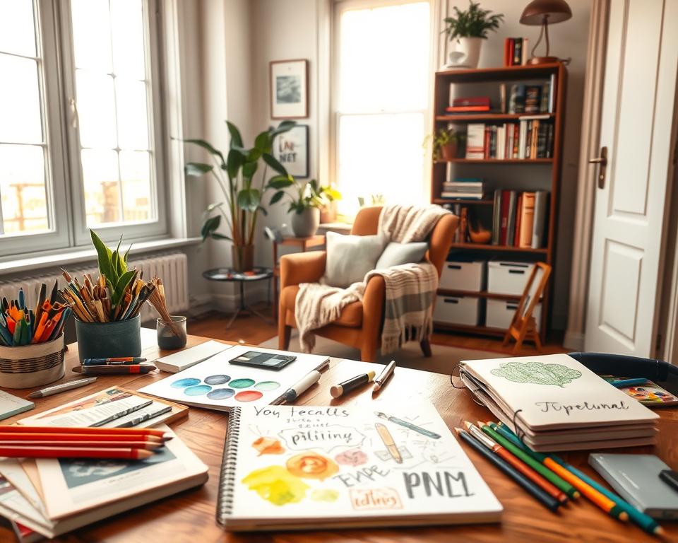 A cozy visual journaling space filled with bright, natural light streaming in from a large window. In the foreground, a beautifully arranged wooden desk cluttered with colorful art supplies: sketchbooks, watercolor paints, pencils, and brushes. A partially opened journal showcases vibrant drawings and doodles. In the middle ground, a comfortable armchair draped with a soft blanket invites creativity, while a potted plant adds a touch of greenery. The background features a bookshelf adorned with inspirational books and decorative items, enhancing the artistic atmosphere. The overall mood is warm and inviting, exuding a sense of calm and focus, perfect for fostering a consistent visual journaling habit. The scene is captured at eye level, with a soft focus on the details for a dreamy effect.