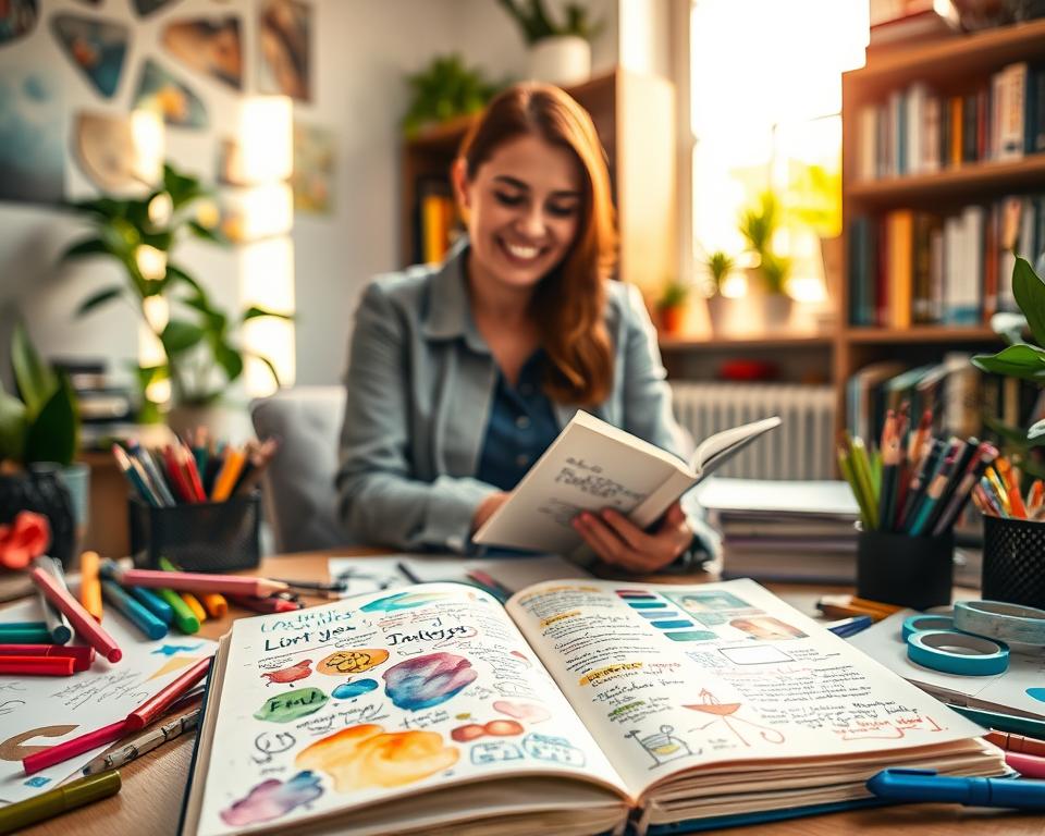 A cozy, well-lit workspace filled with colorful supplies and visual journaling materials. In the foreground, an open sketchbook brimming with vibrant watercolor paintings, doodles, and handwritten notes. Nearby, an array of art supplies like colored pencils, markers, and washi tape create an inviting mess. In the middle ground, a creative individual, dressed in casual yet professional attire, thoughtfully engages in journaling, capturing ideas and emotions on the pages with joyful concentration. The background showcases a soft-focus bookshelf lined with art books and plants, enhancing the creative atmosphere. Warm, natural light filters in through a nearby window, casting soft shadows and creating a serene, inspiring mood that reflects the empowering nature of visual journaling techniques.