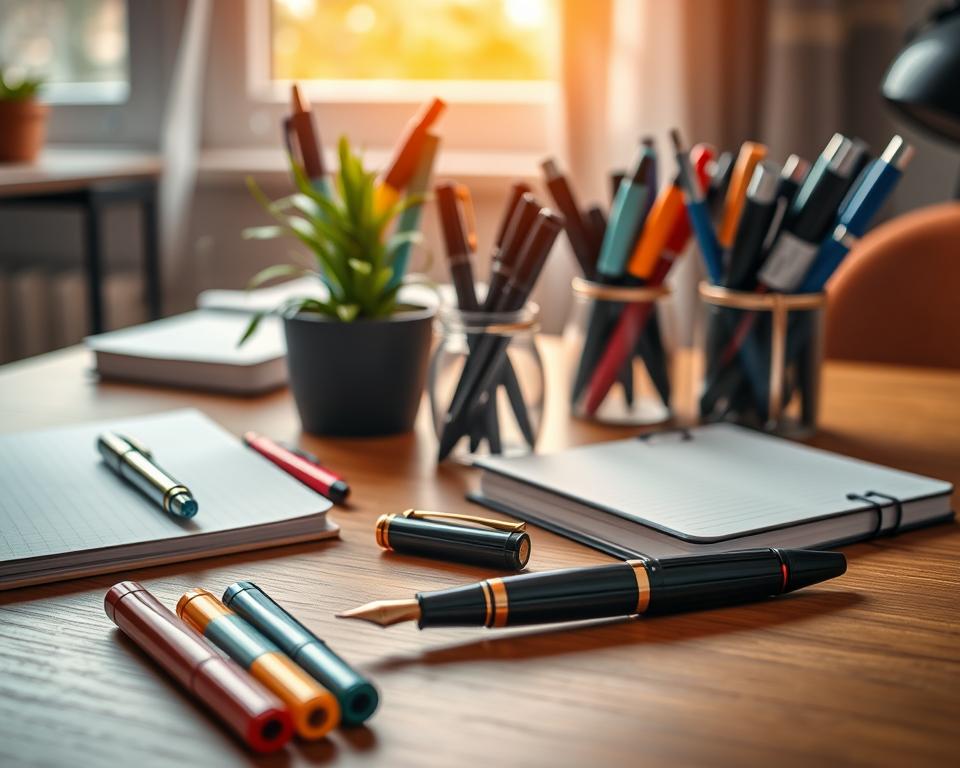 A cozy workspace featuring an array of elegant pen accessories on a wooden desk. In the foreground, showcase a high-quality fountain pen, an assortment of colorful ink cartridges, and a sleek notebook, all arranged artistically. In the middle ground, include a stylish pen holder filled with varied pens, including gel pens and ballpoints, alongside a small potted plant for a touch of greenery. In the background, softly blurred, there should be a window letting in warm, natural light that gently illuminates the scene. The mood should be inviting and creative, inspiring feelings of productivity and artistic expression, captured with a slightly elevated angle to emphasize depth and texture.