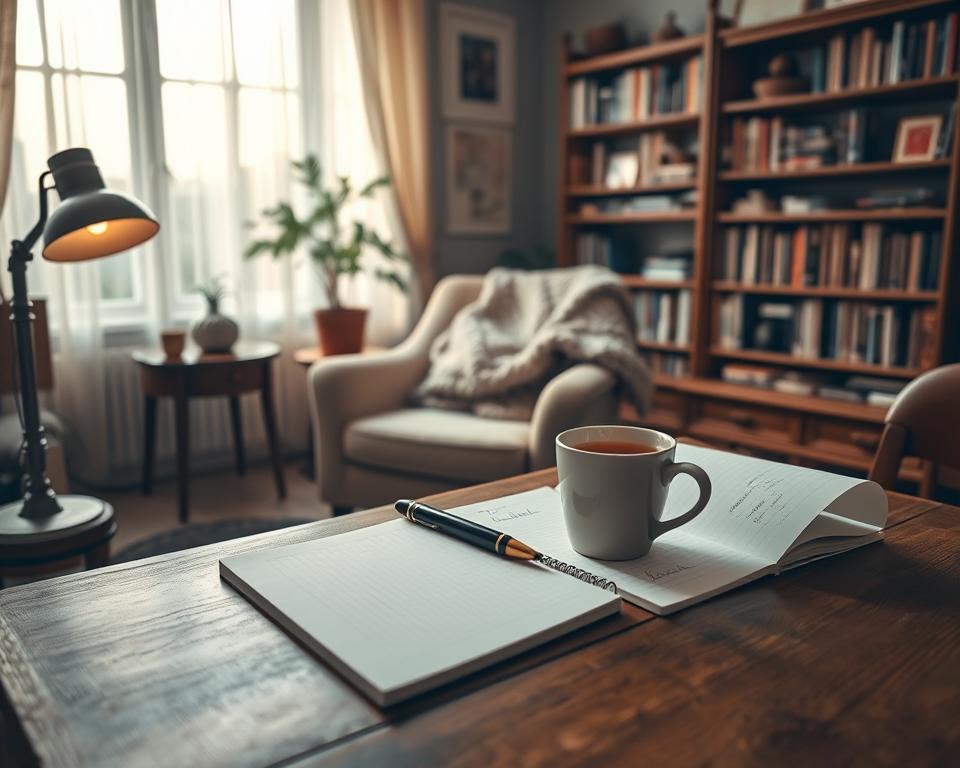 A cozy writing environment filled with inspiration. In the foreground, a sturdy wooden desk holds a neatly arranged notepad and a fountain pen, with a steaming cup of herbal tea beside it. A soft, warm light from a vintage lamp casts a gentle glow over the workspace. In the middle, an inviting, plush chair with a knitted throw creates a comfortable seating area, while a potted plant adds a touch of nature. The background features a large window with sheer curtains, allowing sunlight to filter in, illuminating shelves filled with books and personal mementos. The atmosphere is peaceful and motivating, perfect for unleashing creativity, captured from a slightly angled perspective to enhance depth. No people are present in the scene.