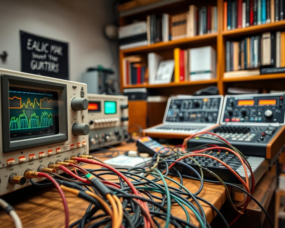 A detailed close-up of analog signal processing equipment on a wooden workbench, showcasing vintage oscilloscopes, knobs, and wires tangled together. In the foreground, highlight an oscilloscope with bright, colorful waveforms displayed on the screen, and a patch bay filled with multi-colored cables. The middle ground should feature various analog synthesizers with chrome and black finishes, reflecting soft overhead lighting to create a warm, inviting atmosphere. In the background, softly blurred shelves lined with books on electronics and technical manuals provide context. The scene has a well-lit, workshop feel, emphasizing a hands-on approach to mastering analog systems, fostering a sense of exploration and creativity in technology. A detailed close-up of analog signal processing equipment on a wooden workbench, showcasing vintage oscilloscopes, knobs, and wires tangled together. In the foreground, highlight an oscilloscope with bright, colorful waveforms displayed on the screen, and a patch bay filled with multi-colored cables. The middle ground should feature various analog synthesizers with chrome and black finishes, reflecting soft overhead lighting to create a warm, inviting atmosphere. In the background, softly blurred shelves lined with books on electronics and technical manuals provide context. The scene has a well-lit, workshop feel, emphasizing a hands-on approach to mastering analog systems, fostering a sense of exploration and creativity in technology.