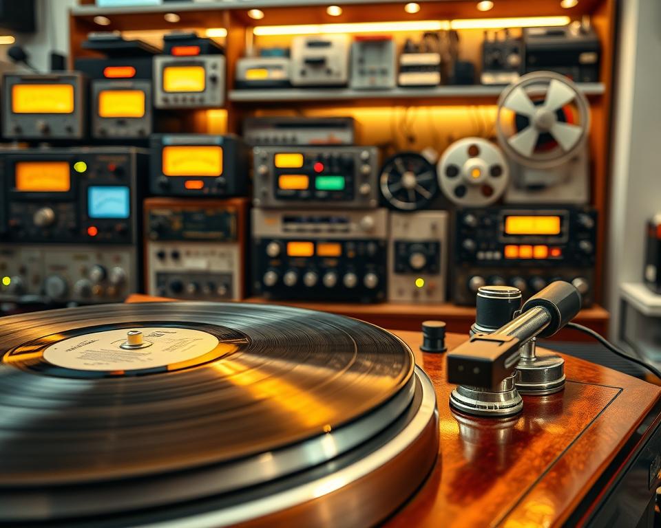 A detailed scene showcasing innovations in analog technology. In the foreground, a beautifully restored vintage audio turntable with glossy wood finishes and gleaming metal components spins a vinyl record, with soft reflections on the surface. In the middle ground, vintage oscilloscopes, signal generators, and reel-to-reel tape recorders are arranged, highlighting their intricate dials and glowing displays, all illuminated by warm, ambient lighting. The background features a soft-focus shelf filled with classic analog devices and circuit boards, with a gentle bokeh effect to create depth. The overall atmosphere is nostalgic yet vibrant, evoking a sense of curiosity and admiration for the craftsmanship of analog systems, captured from a slightly elevated angle to provide a comprehensive view. A detailed scene showcasing innovations in analog technology. In the foreground, a beautifully restored vintage audio turntable with glossy wood finishes and gleaming metal components spins a vinyl record, with soft reflections on the surface. In the middle ground, vintage oscilloscopes, signal generators, and reel-to-reel tape recorders are arranged, highlighting their intricate dials and glowing displays, all illuminated by warm, ambient lighting. The background features a soft-focus shelf filled with classic analog devices and circuit boards, with a gentle bokeh effect to create depth. The overall atmosphere is nostalgic yet vibrant, evoking a sense of curiosity and admiration for the craftsmanship of analog systems, captured from a slightly elevated angle to provide a comprehensive view.