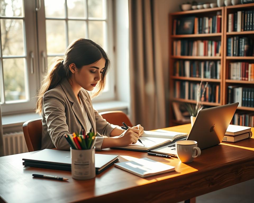 A focused student sitting at a sturdy wooden desk in a cozy study room, surrounded by notebooks and stationery. The student, a young woman in a smart casual outfit, is intently writing in a notebook, her brow slightly furrowed in concentration. Sunlight streams through a large window, casting warm, soft light across the room, creating an inviting and serene atmosphere. On the desk, an open laptop displays educational resources, while a small plant and a steaming cup of tea add a touch of comfort. In the background, a bookshelf filled with inspiring books completes the scene, emphasizing the connection between writing, focus, and learning. The composition is captured from a slight angle, highlighting both the student's engagement and the organized workspace.