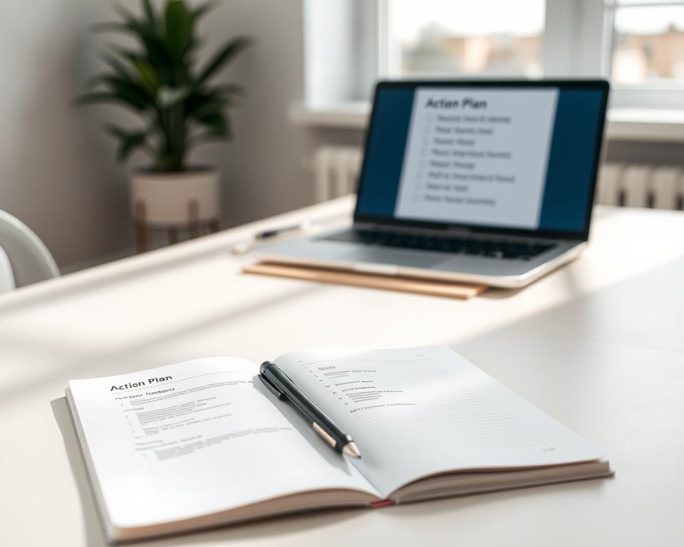 A minimalist workspace scene focusing on a simple action plan. In the foreground, a clean desktop with a neatly arranged notebook and a pen lies open, showing a structured layout with bullet points. The middle ground features a light wooden table with a laptop displaying a simple checklist. In the background, a soft-focus view of an office window, bringing in natural light that casts gentle shadows. The atmosphere is calm and organized, promoting a sense of clarity and focus. The lighting is bright yet soft, enhancing the simplicity of the scene. No human figures are present; the emphasis is on the tools of planning. The overall mood is serene, encouraging productivity and minimalism in task management.