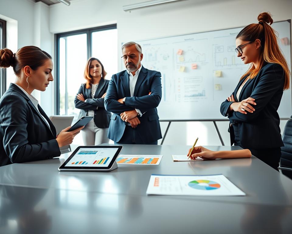 A modern office scene showcasing a diverse group of professionals engaged in project management. In the foreground, a focused businesswoman, dressed in a tailored suit, sits at a sleek conference table, analyzing colorful visual charts and timelines on a digital tablet. In the middle ground, a middle-aged man in smart casual attire stands with arms crossed, discussing strategy with a young woman in a blazer who takes notes. The background features a whiteboard filled with diagrams and sticky notes, emphasizing collaborative planning. The room is brightly lit with natural daylight filtering through large windows, creating a warm and productive atmosphere. The angle is slightly elevated, capturing the dynamics of teamwork while maintaining a professional tone.