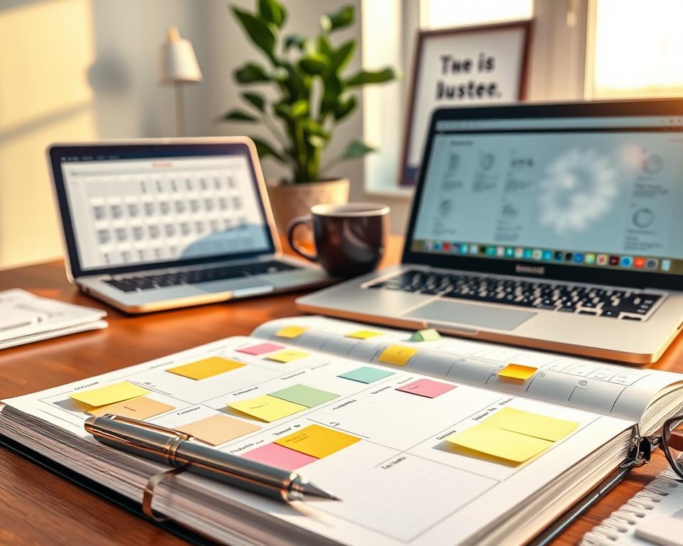 A neatly organized planner setup for productivity, positioned on a wooden desk. In the foreground, an open planner filled with colorful sticky notes, bullet points, and time block schedules, showcasing time management techniques. A high-quality pen rests beside the planner, glistening under warm, soft lighting. In the middle ground, a laptop is visible, displaying a digital calendar, while a stylish coffee mug emanates steam. The background features a calming indoor plant and an inspirational quote framed on the wall, with natural light filtering through a nearby window, creating a serene and motivating atmosphere. The image captures a sense of focus and clarity, perfect for enhancing productivity. A neatly organized planner setup for productivity, positioned on a wooden desk. In the foreground, an open planner filled with colorful sticky notes, bullet points, and time block schedules, showcasing time management techniques. A high-quality pen rests beside the planner, glistening under warm, soft lighting. In the middle ground, a laptop is visible, displaying a digital calendar, while a stylish coffee mug emanates steam. The background features a calming indoor plant and an inspirational quote framed on the wall, with natural light filtering through a nearby window, creating a serene and motivating atmosphere. The image captures a sense of focus and clarity, perfect for enhancing productivity.