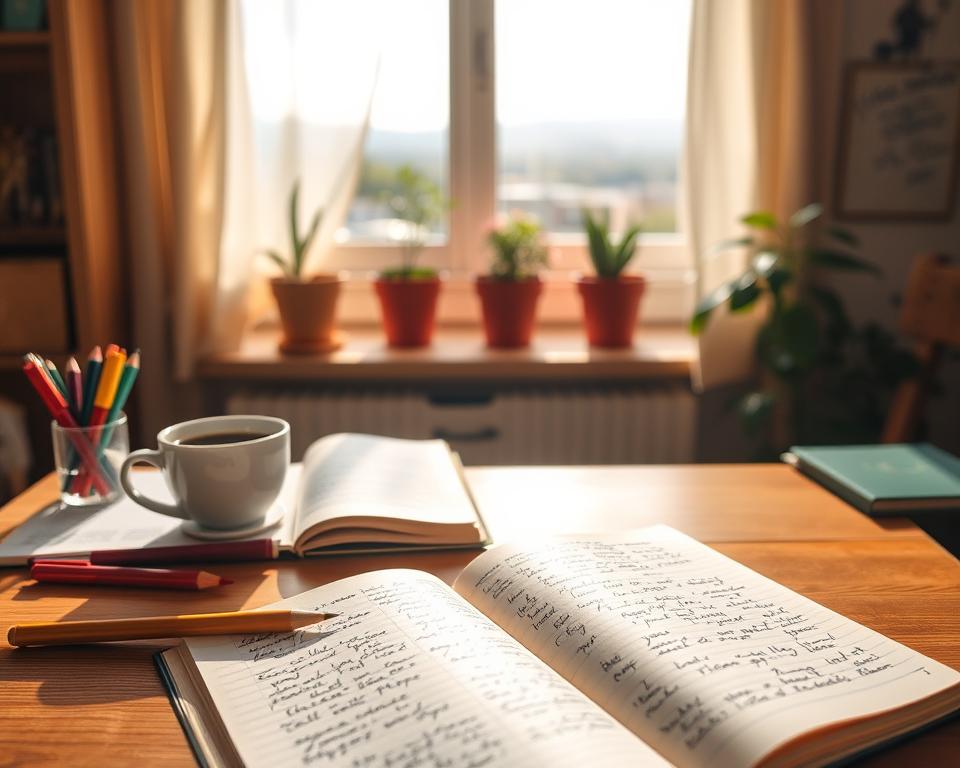 A peaceful workspace reflecting "judgment-free writing," featuring a cozy wooden desk bathed in warm morning light. In the foreground, an open notebook filled with handwritten pages, surrounded by colorful pens and a steaming cup of coffee, creating a sense of warmth and inspiration. The middle ground showcases a softly lit window with sheer curtains, allowing gentle sunlight to filter through, illuminating the space. Potted plants add a touch of greenery, symbolizing growth and creativity. In the background, a faint view of a calming landscape, suggesting tranquility. The atmosphere is serene and inviting, promoting a mood of openness and self-expression, captured with a soft focus lens to enhance the feeling of warmth and creativity.