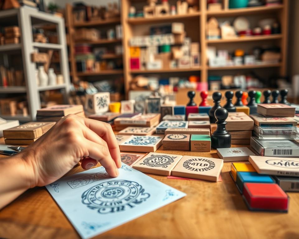 A rubber stamp maker's workspace, featuring an array of colorful rubber stamps and tools meticulously arranged on a wooden table. In the foreground, a hand gently presses a stamp onto vibrant paper, creating a textured imprint. The middle layer shows various stamp designs, from elegant patterns to whimsical motifs, while ink pads in bright colors are scattered around. The background includes soft-focus shelves lined with crafting supplies, bathed in warm, diffused natural light from a nearby window, creating a cozy, inviting atmosphere. The scene conveys creativity and inspiration, ideal for enhancing DIY projects. A shallow depth of field emphasizes the intricate details of the stamps and ink.