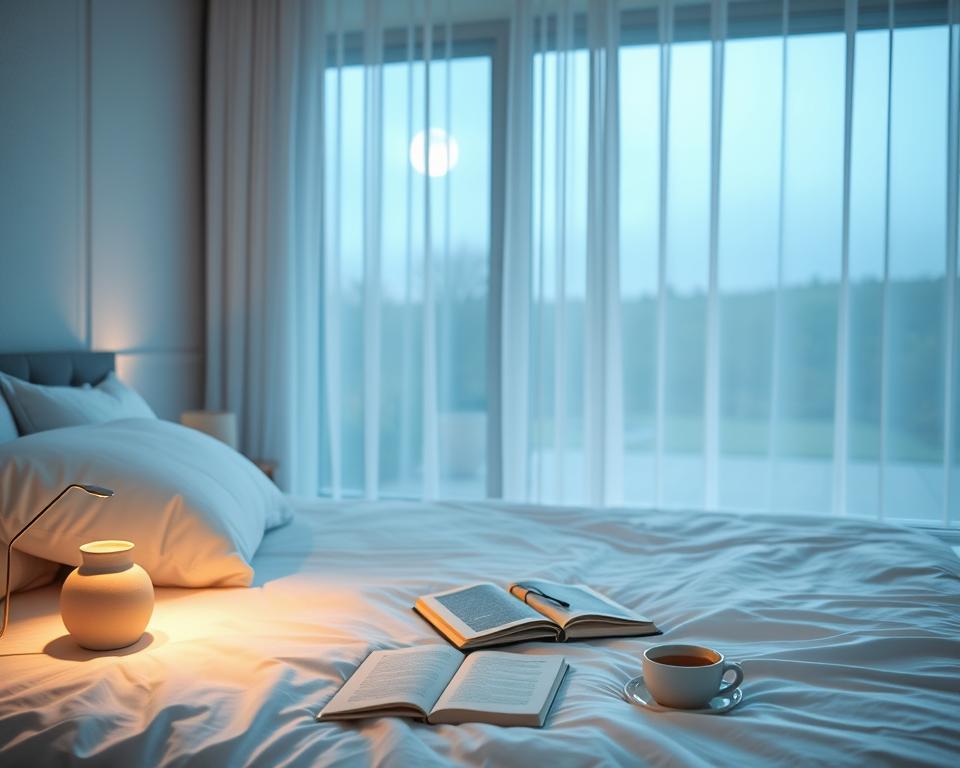 A serene bedroom scene emphasizing sleep wellness. In the foreground, a neatly made bed with soft, inviting white linens and plush pillows sits at the center. A bedside table features a small ceramic lamp casting warm, soft light, illuminating a journal and a cup of herbal tea. In the middle, a large window allows gentle moonlight to stream in, with sheer curtains fluttering slightly, suggesting a tranquil night atmosphere. The background shows a faint view of a calm garden bathed in soft twilight hues. The color palette includes soothing blues and warm neutrals, evoking peace and relaxation. The composition captures a sense of comfort and rejuvenation, emphasizing the importance of restful sleep in holistic wellness planning.