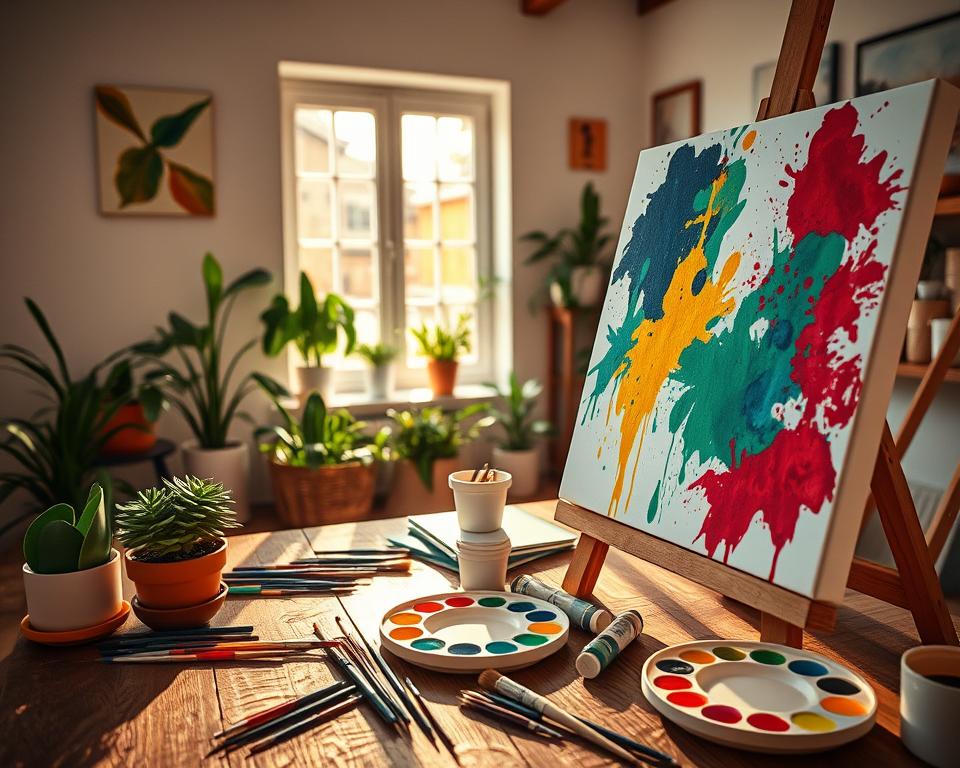 A serene, creative workspace filled with artistic supplies. In the foreground, a wooden easel holding a vibrant canvas splashed with bold colors. Scattered brushes and paint tubes lie on a rustic table, with a palette laden with bright paint colors. In the middle ground, a window allows warm sunlight to stream in, illuminating the space and casting soft shadows. Green potted plants add a touch of nature. In the background, soft, abstract art pieces hang on the walls, enhancing the imaginative atmosphere. The scene is captured with a slight overhead angle, creating depth and inviting the viewer into the world of creativity. The overall mood is inspiring and warm, encouraging artistic expression and exploration.
