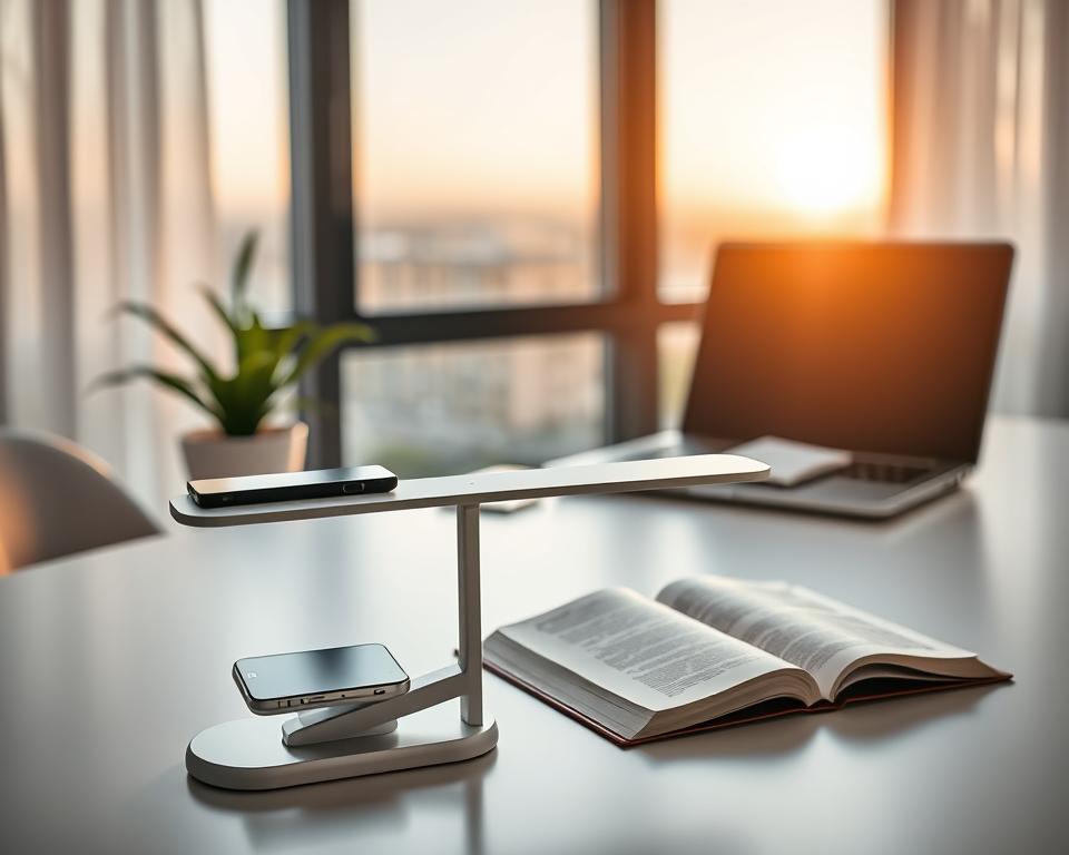 A serene digital balance concept, showcasing a modern workspace with a sleek, minimalist desk. In the foreground, a high-tech scale balanced perfectly, with a smartphone on one side and an open book on the other, symbolizing the equilibrium between screen time and reading. The middle ground features an elegant laptop emitting a soft, warm glow, with a potted plant nearby adding a touch of nature. In the background, a softly blurred window reveals a tranquil outdoor scene with gentle sunlight streaming in, creating a calming atmosphere. The image is illuminated with a warm, inviting light to convey a sense of peace and focus. Shot with a slightly elevated angle to capture the entire scene, emphasizing clarity and balance. A serene digital balance concept, showcasing a modern workspace with a sleek, minimalist desk. In the foreground, a high-tech scale balanced perfectly, with a smartphone on one side and an open book on the other, symbolizing the equilibrium between screen time and reading. The middle ground features an elegant laptop emitting a soft, warm glow, with a potted plant nearby adding a touch of nature. In the background, a softly blurred window reveals a tranquil outdoor scene with gentle sunlight streaming in, creating a calming atmosphere. The image is illuminated with a warm, inviting light to convey a sense of peace and focus. Shot with a slightly elevated angle to capture the entire scene, emphasizing clarity and balance.