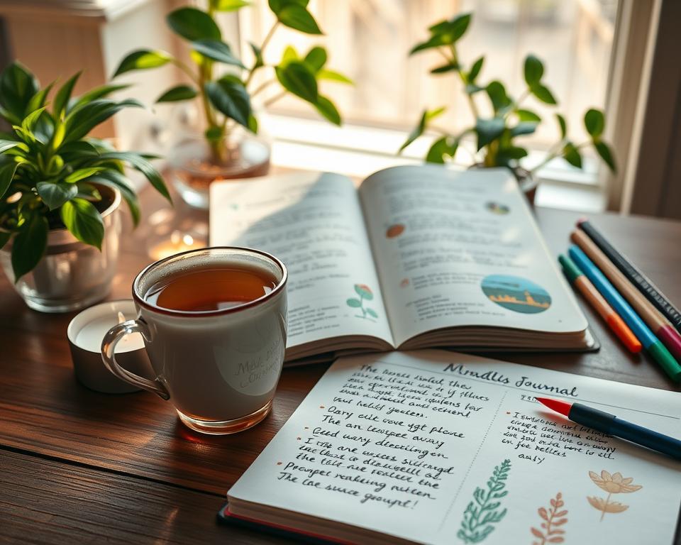 A serene mindfulness journal resting open on a wooden table, with delicate, handwritten notes and vibrant sketches of nature. The foreground features a cozy cup of herbal tea, steam rising gracefully, alongside a softly glowing candle. In the middle, the journal pages are filled with prompts for reflection, surrounded by colorful pens and inspirational stickers, creating an inviting workspace. The background showcases a sunlit window with lush green plants, casting gentle shadows that evoke a peaceful atmosphere. Soft, warm lighting enhances the tranquil mood, suggesting a moment of calm and introspection. The image captures the essence of mindful living, inviting viewers to explore self-care topics.