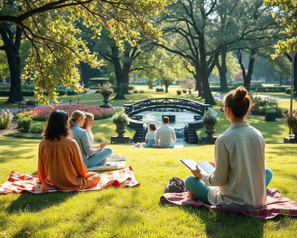 A serene outdoor scene capturing mindfulness in daily life. In the foreground, a diverse group of individuals dressed in comfortable, modest casual clothing engages in various mindful activities, such as meditation, yoga, and journaling on colorful picnic blankets. The middle ground features a peaceful park setting with lush greenery, blooming flowers, and a gently flowing stream, enhancing the tranquil atmosphere. In the background, soft sunlight filters through the trees, creating dappled light patterns on the grass. The image should have a warm and inviting glow, suggesting a sense of peace and focus, viewed from a slightly elevated angle to create depth and a harmonious composition. The overall mood is calm, reflective, and uplifting, perfect for illustrating the theme of incorporating mindfulness into daily routines.
