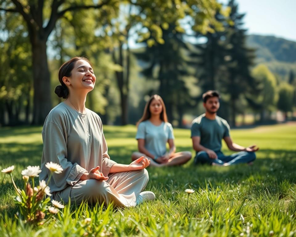 A serene setting for mindfulness meditation, featuring a diverse group of individuals sitting cross-legged on the grass in a lush, green park. The foreground captures a woman in modest, flowing clothing with a warm smile, eyes closed in meditation, surrounded by blooming flowers. In the middle ground, a couple sits harmoniously, each focused on their breathing, with gentle sunlight filtering through the trees above, creating a dappled light effect. The background reveals tall, soft trees and a distant hill, with a clear blue sky. The atmosphere is peaceful and calming, evoking a sense of tranquility and connection to nature. Utilize soft, natural lighting to enhance the inviting ambiance, shot from a low angle to emphasize the harmony of the scene.