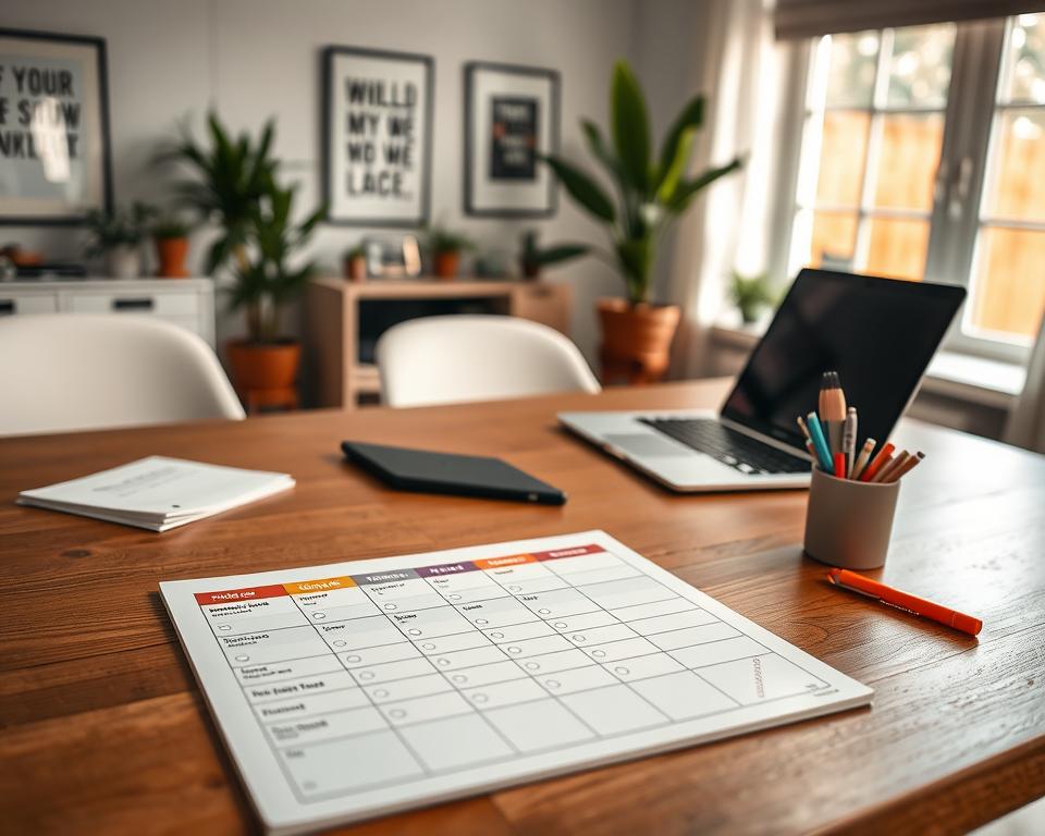 A serene workspace featuring a beautifully designed productivity tracker on a wooden desk. In the foreground, detail the tracker with colorful sections for monthly goals and tasks, filled with organized notes and checkboxes. In the middle ground, place a neatly arranged bullet journal beside a laptop, all illuminated by soft natural light coming through a large window. The background should depict a calm office environment, with potted plants and motivational artwork on the walls, creating an atmosphere of focus and creativity. The scene conveys a sense of motivation and organization, ideal for illustrating productivity techniques. Capture the image from a slightly elevated angle to encompass all elements harmoniously.