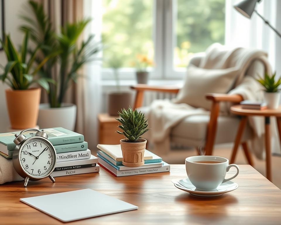 A serene workspace featuring a collection of technology detox tools arranged thoughtfully. In the foreground, a wooden desk holds a stylish analog clock, a stack of books on mindfulness, and a potted succulent. In the middle ground, a cozy armchair with a soft throw blanket invites relaxation, while a steaming cup of herbal tea rests on a side table. The background showcases a window with soft natural light filtering through sheer curtains, revealing a peaceful garden outside. The color palette is calming, with earthy tones and hints of green, creating a tranquil atmosphere. The scene embodies balance and harmony, reflecting a healthy separation from digital distractions. The overall mood is peaceful and inviting, ideal for fostering a balanced relationship with technology. A serene workspace featuring a collection of technology detox tools arranged thoughtfully. In the foreground, a wooden desk holds a stylish analog clock, a stack of books on mindfulness, and a potted succulent. In the middle ground, a cozy armchair with a soft throw blanket invites relaxation, while a steaming cup of herbal tea rests on a side table. The background showcases a window with soft natural light filtering through sheer curtains, revealing a peaceful garden outside. The color palette is calming, with earthy tones and hints of green, creating a tranquil atmosphere. The scene embodies balance and harmony, reflecting a healthy separation from digital distractions. The overall mood is peaceful and inviting, ideal for fostering a balanced relationship with technology.