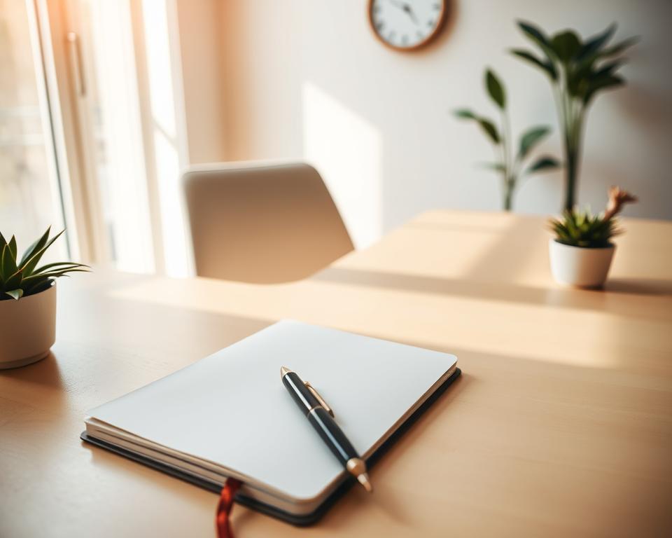 A serene workspace featuring a minimalist desk adorned with a simple notebook, an elegant pen, and a small potted plant. In the foreground, the open notebook displays an empty page ready for reflection. The middle ground reveals soft lighting from a nearby window, casting gentle shadows and creating a calm atmosphere. A sleek chair sits beside the desk, inviting a moment of contemplation. In the background, a light-colored wall with a minimalist clock adds to the simplicity. The scene embodies tranquility and focus, encouraging the viewer to reflect and adjust their plans. Use warm, natural lighting to enhance the peaceful mood, shot with a 35mm lens from a slightly elevated angle for an inviting perspective.