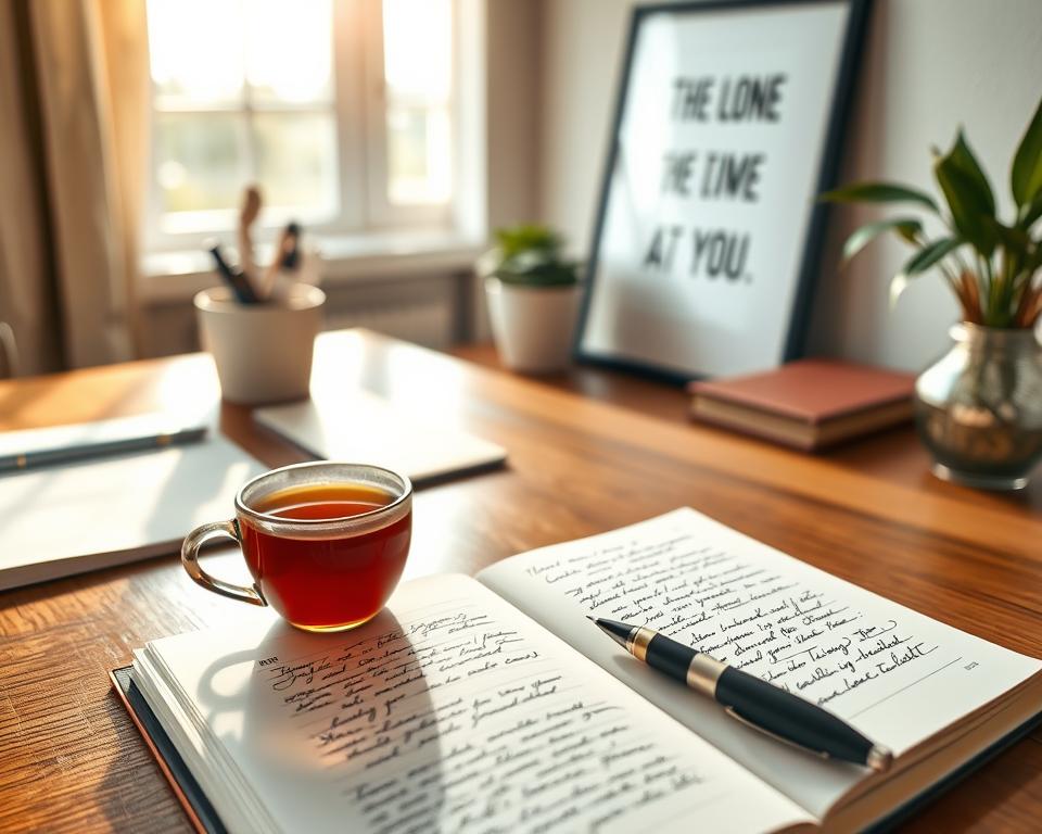 A serene workspace that captures the essence of gratitude journaling. In the foreground, a neatly arranged wooden desk features an open, elegantly designed gratitude journal with pages filled with handwritten notes. A stylish pen rests beside it, and a steaming cup of herbal tea adds a cozy touch. In the middle-ground, a soft-focus view of a potted plant and a motivational quote framed on the wall enhance the inspiring atmosphere. The background shows a softly lit window with sunlight streaming in, casting warm golden rays across the desk, creating an inviting and uplifting mood. The scene is captured from a slightly elevated angle, emphasizing the journal and the sense of reflection it embodies. The overall vibe is warm, peaceful, and encouraging, ideal for individuals seeking positivity through journaling.