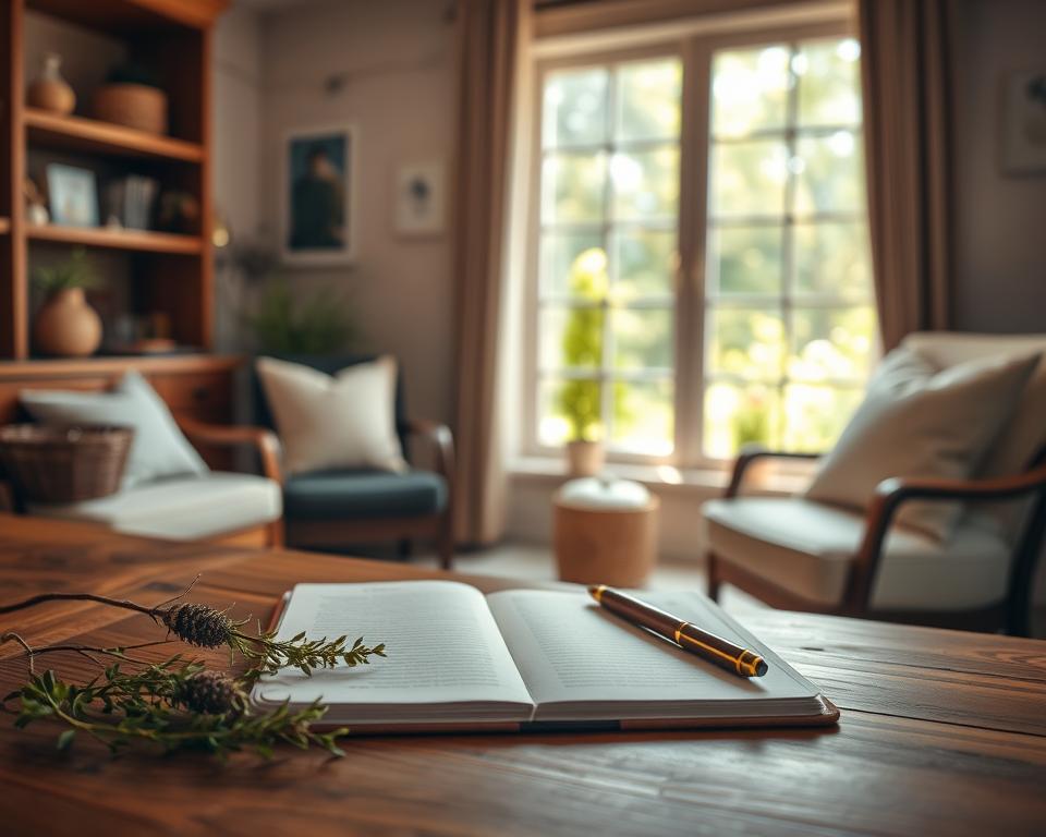 A serene writing space inviting mindfulness, featuring a beautifully crafted wooden desk adorned with an open journal and a fountain pen. In the foreground, delicate herbs and a soft notebook create a calming atmosphere. The middle ground reveals a warm, inviting light filtering through a large window, casting gentle shadows across the room. A comfortable chair with plush cushions sits nearby, inviting creativity. The background features lush greenery just outside the window, symbolizing nature's influence on the writing process. Soft pastels in the color palette evoke tranquility. The angle captures the cozy ambiance, enhancing the mood of introspective creativity and inspiration, ideal for embracing the art of mindful writing.