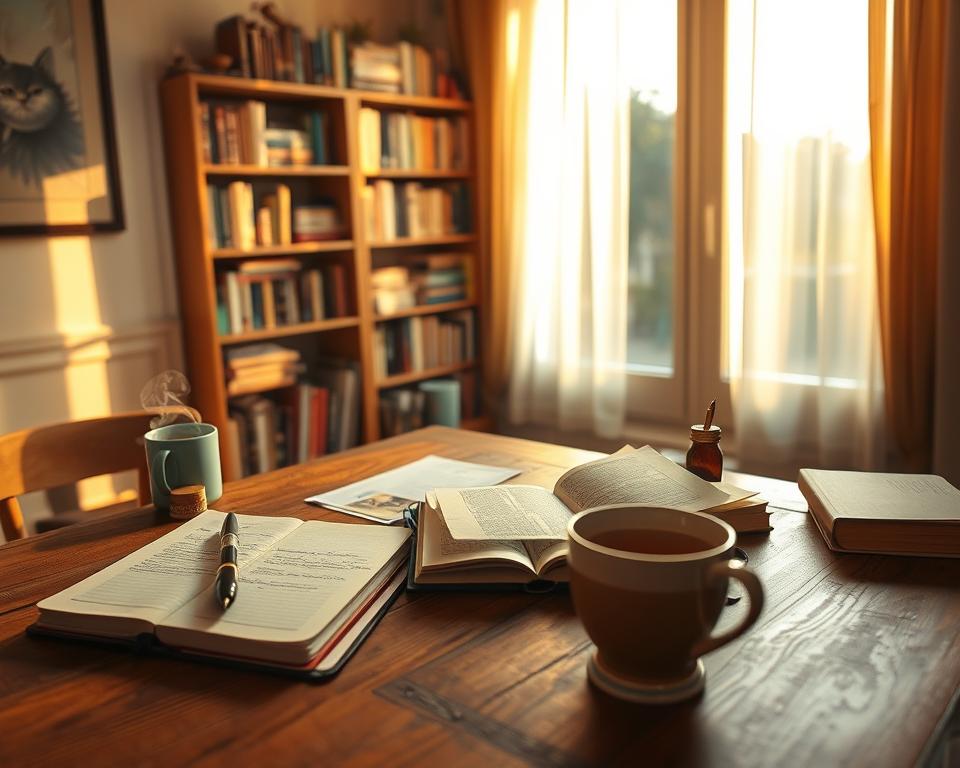 A tranquil, cozy writing nook bathed in warm, golden light, evoking a sense of calm and introspection. In the foreground, a wooden desk cluttered with journals, a fountain pen, and an open notebook filled with handwritten notes. A steaming cup of tea sits nearby, adding a touch of warmth. In the middle ground, a thoughtfully arranged bookshelf filled with inspiring titles about self-discovery and creativity. The background features a large window with sheer curtains, allowing natural light to filter through, illuminating the scene. The overall atmosphere is peaceful, inviting reflection and self-exploration, ideal for showcasing writing as a profound tool for personal growth. The perspective is slightly elevated to capture both the intimate desk and the serene surroundings, with soft focus on the edges to enhance the mood.