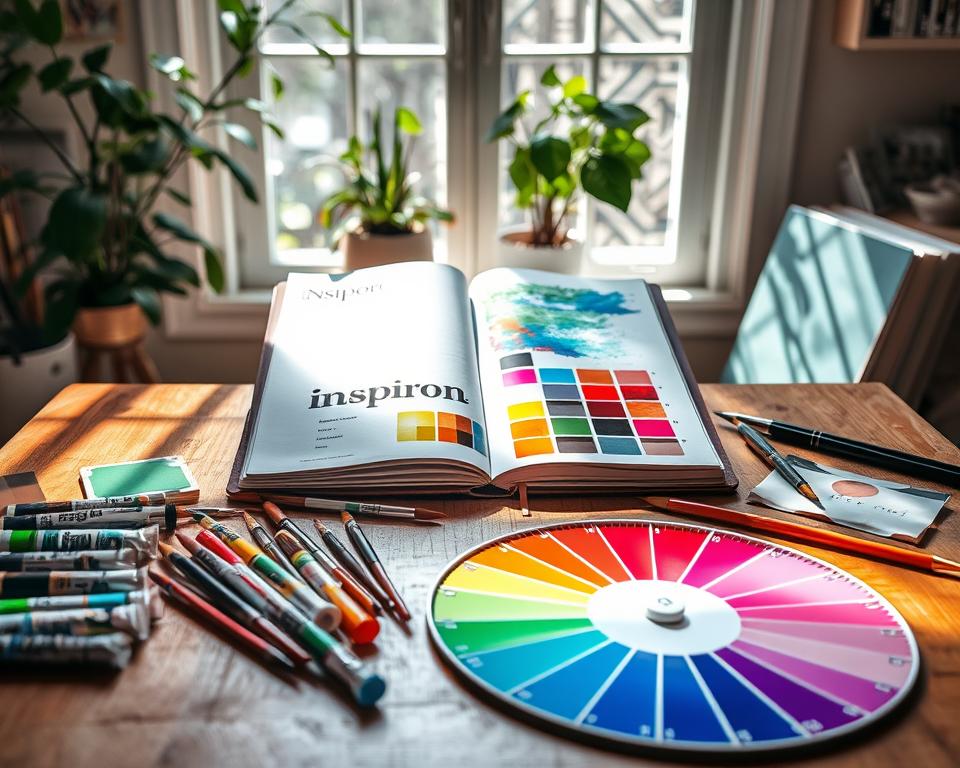 A vibrant display of a creative color palette spread out on a wooden artist's table. In the foreground, various paint tubes in an array of colors, neatly arranged brushes, and a color wheel, showcasing hues of blue, green, orange, and pink. In the middle, an open sketchbook with painted swatches and color mixing options, reflecting the inspiration process. The background features a sunlit window with plants, casting soft, natural light creating pleasant shadows and a warm atmosphere. A cozy rug and a few art books can be seen peeking from the sides, enhancing the creative space. The overall mood is inviting and inspiring, designed to spark imagination and encourage artistic expression.