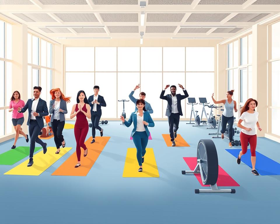 A vibrant illustration of various physical activity and exercise strategies for wellness. In the foreground, a diverse group of individuals in professional business attire or modest casual clothing are actively engaging in different exercises, such as yoga, jogging, and using gym equipment, showcasing teamwork and motivation. In the middle, a clear gym space with colorful mats, weights, and exercise bikes is well-arranged, emphasizing a conducive environment for fitness. The background features large windows letting in bright, natural sunlight, creating an inviting atmosphere. The overall mood is energetic and inspiring, with a focus on health and community. Use a wide-angle lens to capture the dynamic scene, ensuring good lighting to highlight the subjects and their activities.