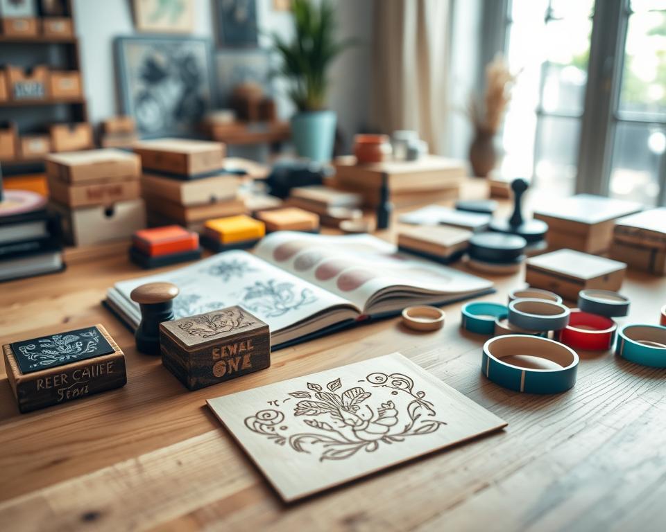 A vibrant workspace filled with an array of customizable rubber stamps, arranged artfully on a wooden table. In the foreground, a close-up view of an elegant rubber stamp being personalized, with a beautiful floral design being engraved. The middle ground features various ink pads in rich colors, an open notebook with rubber-stamped designs, and colorful washi tapes. The background includes bright natural light streaming through a large window, illuminating the workspace and creating soft shadows. The mood is creative and inspiring, conveying a sense of exploration and artistic freedom in rubber stamping. The scene is captured with a shallow depth of field, emphasizing the details in the foreground while gently blurring the background elements.