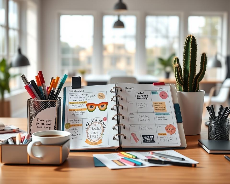 A visually appealing workspace, featuring an open planner filled with colorful stickers and handwritten notes, showcasing tips for planner consistency. In the foreground, a stylish desk organizer holds various writing utensils and a cup of coffee. In the middle, the planner is prominently displayed, surrounded by motivational quotes and a friendly cactus plant. The background features a well-lit room with large windows allowing soft sunlight to illuminate the scene, creating a warm and inviting atmosphere. The overall mood is organized and inspiring, suggesting productivity and creativity. The image should exhibit clarity with a slight bokeh effect on the background for depth, capturing an environment conducive to effective planning without any text or distractions. A visually appealing workspace, featuring an open planner filled with colorful stickers and handwritten notes, showcasing tips for planner consistency. In the foreground, a stylish desk organizer holds various writing utensils and a cup of coffee. In the middle, the planner is prominently displayed, surrounded by motivational quotes and a friendly cactus plant. The background features a well-lit room with large windows allowing soft sunlight to illuminate the scene, creating a warm and inviting atmosphere. The overall mood is organized and inspiring, suggesting productivity and creativity. The image should exhibit clarity with a slight bokeh effect on the background for depth, capturing an environment conducive to effective planning without any text or distractions.